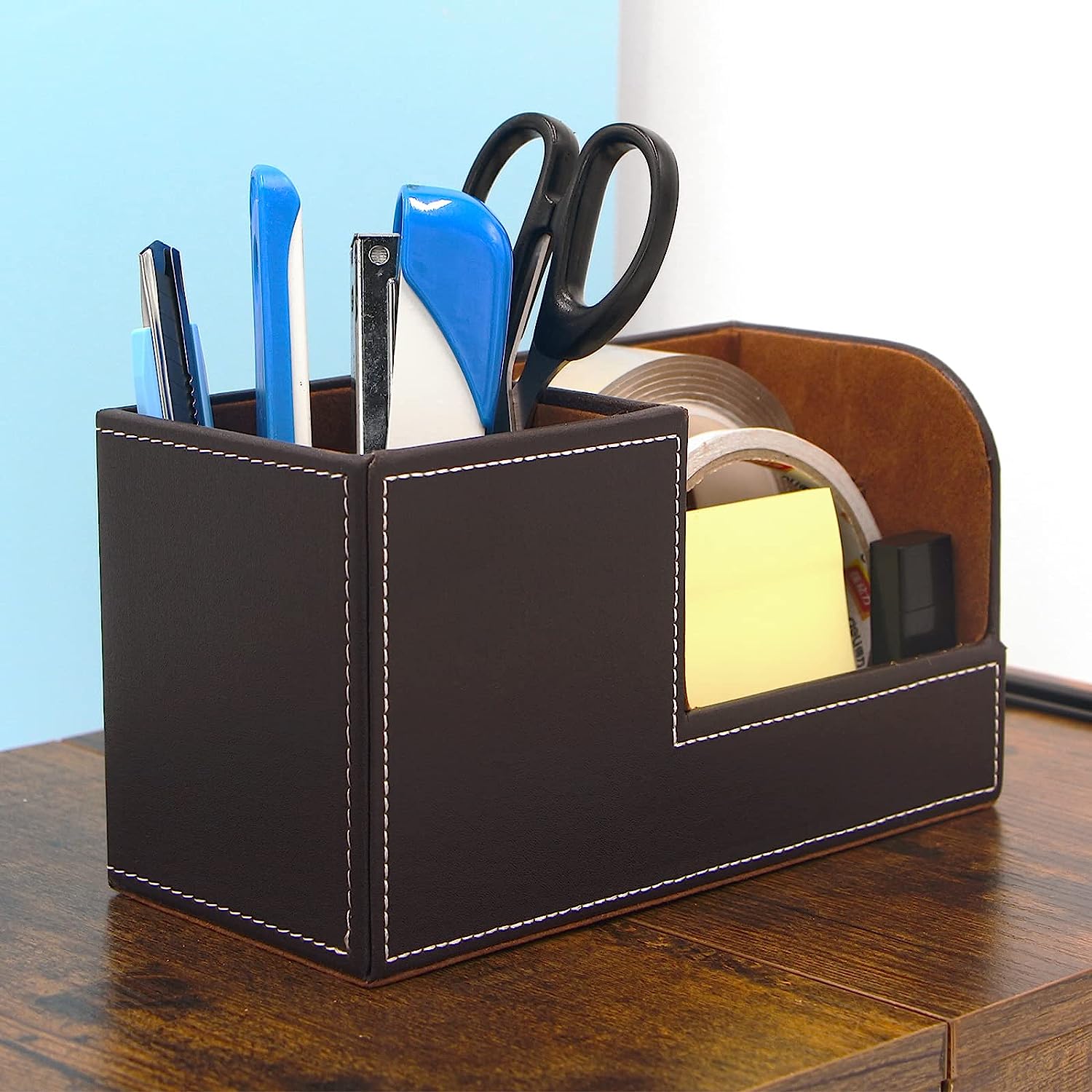 TooCust Leather Office Desk Organizer with Drawer, Multi-function Office Supplies for Desk Top Organizer,Black Mens Desk Accessories,Teacher Desk Organizer for Pen Pencil Holders and Organizers - Image 6